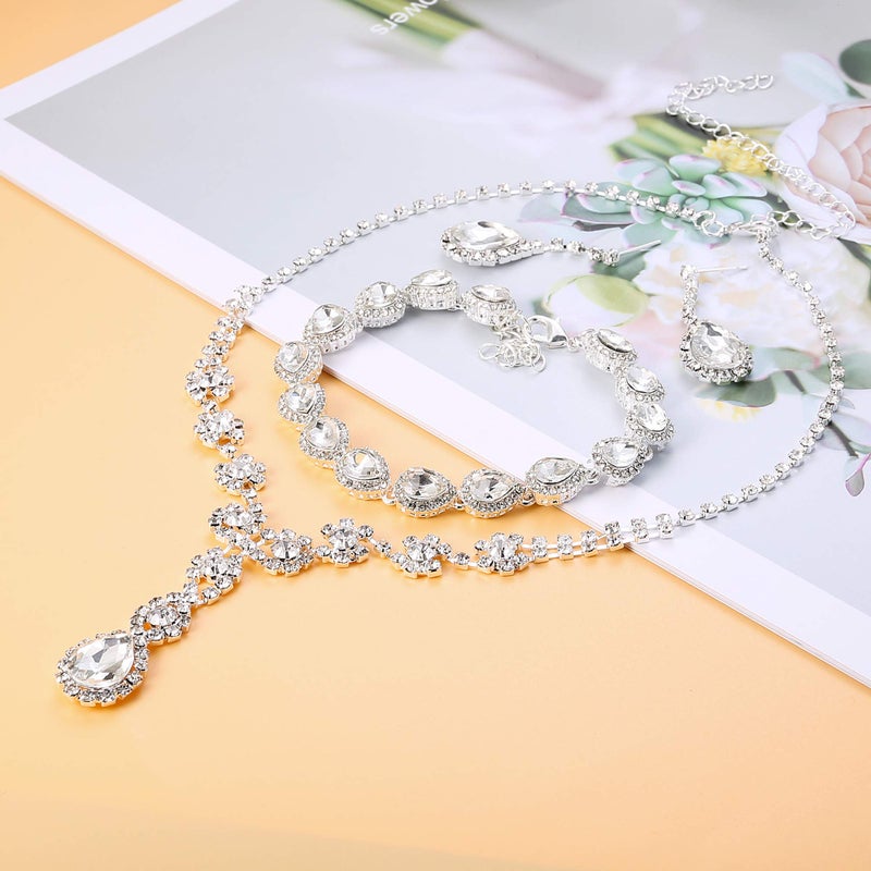 LOYALLOOK Women's Rhinestone Teardrop Necklace Bracelets and Dangle Earrings Jewerry Sets for Proms Weddings - Image 3